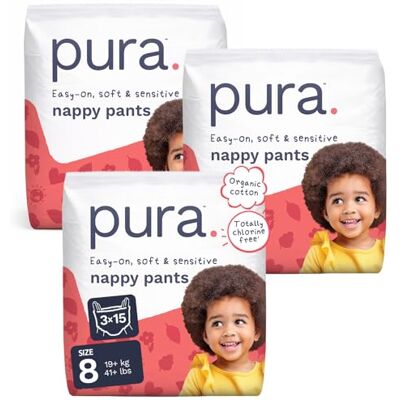 Pura Culottes Éco-Taille 8 (19kg+), 3 x 15 Culottes (45 au Total), Jetables pour Peaux Sensibles et Sujettes aux Allergies, Hypoallergéniques Pura Culottes Éco-Taille 8 (19kg+), 3 x 15 Culottes (45 au Total), Jetables pour Peaux Sensibles et Sujettes aux Allergies, Hypoallergéniques