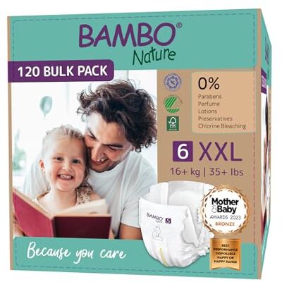 Bambo Nature Couches pour bébé Taille 6-16 + kg (lot de 6 x 20 unités) Bambo Nature Couches pour bébé Taille 6-16 + kg (lot de 6 x 20 unités)