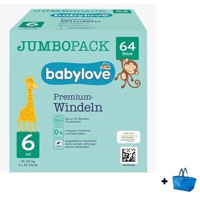 Babylove Lot de 64 couches de qualité supérieure Taille 6 XXL 15-20 kg Babylove Lot de 64 couches de qualité supérieure Taille 6 XXL 15-20 kg