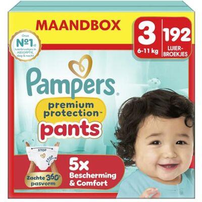 Pampers Premium Protection Pants Taille 3, 192 couches, 6 kg à 11 kg, avec ajustement à 360° et 2 poignets plus larges qu'auparavant pour notre meilleur confort et protection Pampers Premium Protection Pants Taille 3, 192 couches, 6 kg à 11 kg, avec ajustement à 360° et 2 poignets plus larges qu'auparavant pour notre meilleur confort et protection