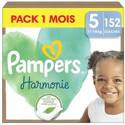 Pampers Harmonie Couches Taille 5, 152 Couches, 11kg-16kg, Une protection douce pour la peau et ingrédients d’origine végétale en contact avec la peau de bébé Pampers Harmonie Couches Taille 5, 152 Couches, 11kg-16kg, Une protection douce pour la peau et ingrédients d’origine végétale en contact avec la peau de bébé