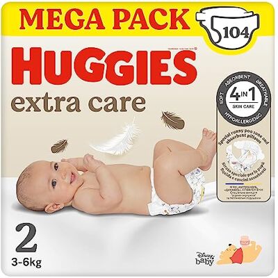 HUGGIES Extra Care Bébé Couches Taille 2 (3-6Kg), Ultra absorbantes, Design Disney, Pack Mega, 104 pièces HUGGIES Extra Care Bébé Couches Taille 2 (3-6Kg), Ultra absorbantes, Design Disney, Pack Mega, 104 pièces