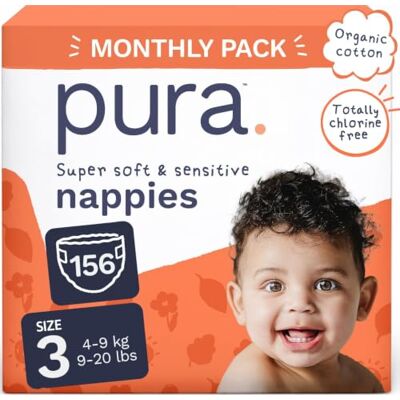 Pura Couches taille 3 (4 à 9 kg) 156 couches peaux sensibles Protection contre les fuites pendant 12 heures, nouveau Blowout Blocker™, Cloud Soft™, totalement sans chlore* Pura Couches taille 3 (4 à 9 kg) 156 couches peaux sensibles Protection contre les fuites pendant 12 heures, nouveau Blowout Blocker™, Cloud Soft™, totalement sans chlore*
