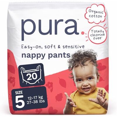 Pura Eco Lot de 20 couches jetables pour peaux sensibles, hypoallergéniques, faciles à déchirer, taille 5 (12-17 kg) Pura Eco Lot de 20 couches jetables pour peaux sensibles, hypoallergéniques, faciles à déchirer, taille 5 (12-17 kg)