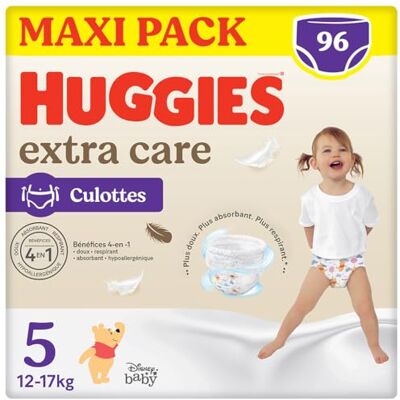 HUGGIES Extra Care Couche-Culottes absorbantes Taille 5 (12 à 17 kg) 96 culottes ceinture élastique douce motifs Disney HUGGIES Extra Care Couche-Culottes absorbantes Taille 5 (12 à 17 kg) 96 culottes ceinture élastique douce motifs Disney