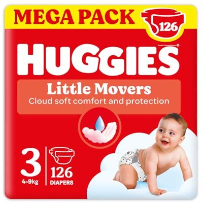 HUGGIES Little Movers Lot de 126 couches, taille 3 (4-9 kg), design Disney, ultra absorbantes, lot de 126 HUGGIES Little Movers Lot de 126 couches, taille 3 (4-9 kg), design Disney, ultra absorbantes, lot de 126