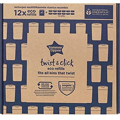 Tommee Tippee Éco-recharges pour poubelle à couche Twist et Click, recharges pour cassettes (non incluses), GREENFILM antibactérien durable, pack de 12 Tommee Tippee Éco-recharges pour poubelle à couche Twist et Click, recharges pour cassettes (non incluses), GREENFILM antibactérien durable, pack de 12