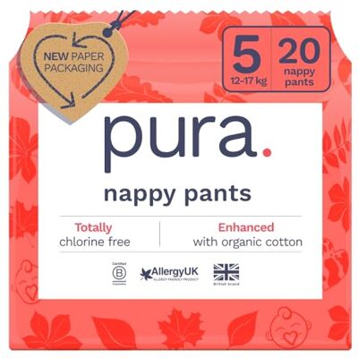 Pura Eco Lot de 20 couches jetables pour peaux sensibles, hypoallergéniques, faciles à déchirer, taille 5 (12-17 kg) Pura Eco Lot de 20 couches jetables pour peaux sensibles, hypoallergéniques, faciles à déchirer, taille 5 (12-17 kg)