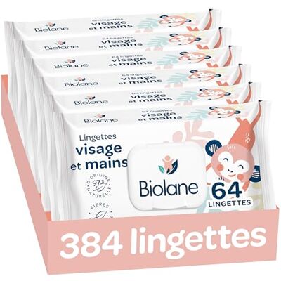Biolane Lingettes bébé visage et mains Lot de 6 paquets 384Lingettes(6x64) Nettoie et protège Toilette Hyppoallergénique Peaux Sensibles 97% d'ingrédients naturels Fabriqué en France Biolane Lingettes bébé visage et mains Lot de 6 paquets 384Lingettes(6x64) Nettoie et protège Toilette Hyppoallergénique Peaux Sensibles 97% d'ingrédients naturels Fabriqué en France