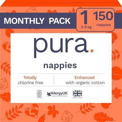 Pura Couches écologiques pour bébé – Taille 1 (2-5 kg), 6 x 25 couches (150 au total), paquet mensuel, couches nouveau-né pour peaux sensibles, coton bio, indicateur d'humidité, découpe pour cordon Pura Couches écologiques pour bébé – Taille 1 (2-5 kg), 6 x 25 couches (150 au total), paquet mensuel, couches nouveau-né pour peaux sensibles, coton bio, indicateur d'humidité, découpe pour cordon