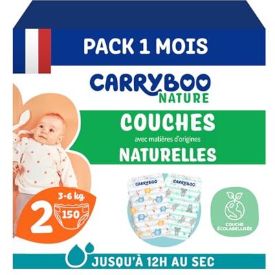 CARRYBOO Couches Taille 2 (3-6kg) Peaux sensibles Naturelles et Ultra absorbantes 12h Anti-fuites Sans ingrédients indésirables Fabriquées en France 150 Couches Jetables Pack 1 Mois CARRYBOO Couches Taille 2 (3-6kg) Peaux sensibles Naturelles et Ultra absorbantes 12h Anti-fuites Sans ingrédients indésirables Fabriquées en France 150 Couches Jetables Pack 1 Mois