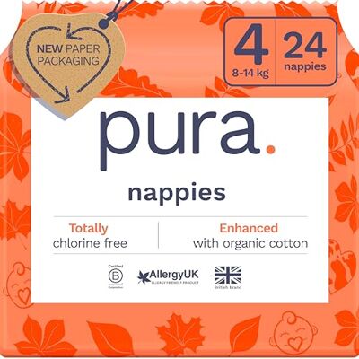 Pura Lot de 24 couches écologiques pour bébé, taille 4 (8-14 kg), couches ultra douces pour peaux sensibles, coton biologique, protection contre les fuites jusqu'à 12 heures, accrédité par EU EcoLabel Pura Lot de 24 couches écologiques pour bébé, taille 4 (8-14 kg), couches ultra douces pour peaux sensibles, coton biologique, protection contre les fuites jusqu'à 12 heures, accrédité par EU EcoLabel