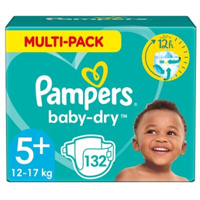 Pampers Baby-Dry Lot de 132 couches pour bébé Taille 5+ 12-17 kg Pampers Baby-Dry Lot de 132 couches pour bébé Taille 5+ 12-17 kg