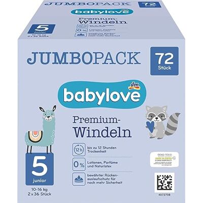 Babylove Lot de 72 couches Premium Active Plus Taille 5 Junior 12-25 kg Jumbo Pack de 2 x 36 pièces Babylove Lot de 72 couches Premium Active Plus Taille 5 Junior 12-25 kg Jumbo Pack de 2 x 36 pièces