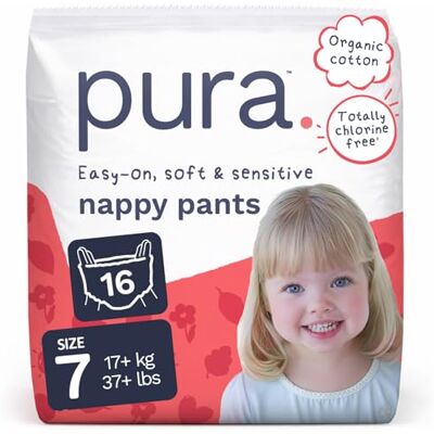 Pura Lot de 16 culottes jetables écologiques, taille 7 (17 kg+), pour peaux sensibles et allergiques, sans parfum, amovibles sur les côtés Pura Lot de 16 culottes jetables écologiques, taille 7 (17 kg+), pour peaux sensibles et allergiques, sans parfum, amovibles sur les côtés