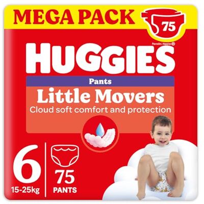HUGGIES Little Movers, Lot de 75 couches pour bébé Taille 6 (15-25 Kg), Ultra absorbante, Pack Mega, HUGGIES Little Movers, Lot de 75 couches pour bébé Taille 6 (15-25 Kg), Ultra absorbante, Pack Mega,