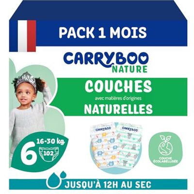 CARRYBOO Couches Taille 6 (16-30kg) Peaux sensibles Naturelles et Ultra absorbantes 12h Anti-fuites Sans ingrédients indésirables Fabriquées en France 102 Couches Pack 1 Mois CARRYBOO Couches Taille 6 (16-30kg) Peaux sensibles Naturelles et Ultra absorbantes 12h Anti-fuites Sans ingrédients indésirables Fabriquées en France 102 Couches Pack 1 Mois