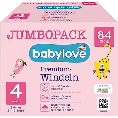 Babylove Lot de 2 paquets de 42 couches Premium Active Plus Taille 4, maxi 7-18 kg, 84 pièces Babylove Lot de 2 paquets de 42 couches Premium Active Plus Taille 4, maxi 7-18 kg, 84 pièces