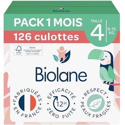 Biolane Couches culottes Taille 4 (8-15kg) Zéro fuite pendant 12h Pack 1 mois 126 Couches Pants Eco-responsable Fabriquées en France Biolane Couches culottes Taille 4 (8-15kg) Zéro fuite pendant 12h Pack 1 mois 126 Couches Pants Eco-responsable Fabriquées en France
