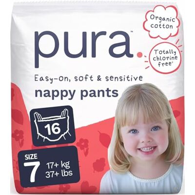 Pura Lot de 16 culottes jetables, taille 7 (17 kg+), pour peaux sensibles et allergiques, sans parfum, amovibles sur les côtés Pura Lot de 16 culottes jetables, taille 7 (17 kg+), pour peaux sensibles et allergiques, sans parfum, amovibles sur les côtés