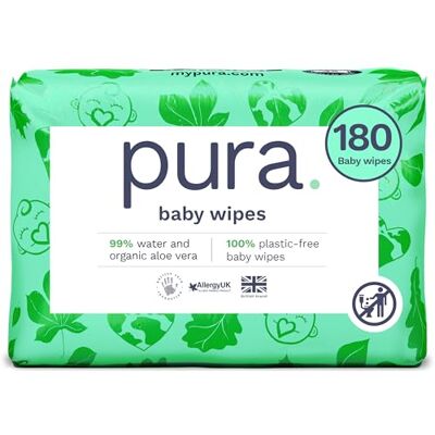 Pura Lingettes jetables pour bébé – 18 x 60 par paquet (1080 lingettes) 100% sans plastique, 99% d'eau, biodégradables, compostables, végétaliennes, paquet mensuel, convient aux peaux sensibles et Pura Lingettes jetables pour bébé – 18 x 60 par paquet (1080 lingettes) 100% sans plastique, 99% d'eau, biodégradables, compostables, végétaliennes, paquet mensuel, convient aux peaux sensibles et