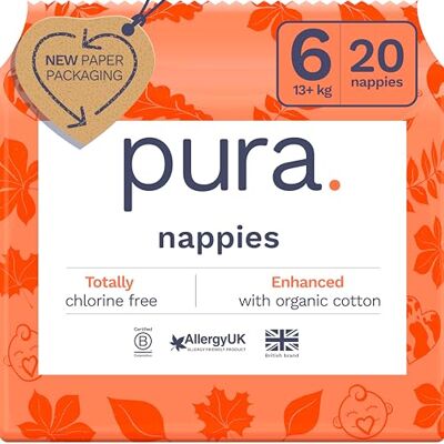 Pura Lot de 20 couches écologiques pour bébé Taille 6 (13 kg +), 1 paquet (20 couches), couches ultra douces pour peaux sensibles, coton bio, protection contre les fuites jusqu'à 12 heures, Pura Lot de 20 couches écologiques pour bébé Taille 6 (13 kg +), 1 paquet (20 couches), couches ultra douces pour peaux sensibles, coton bio, protection contre les fuites jusqu'à 12 heures,