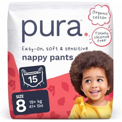 Pura Eco Nappy Pants Taille 8 (19 kg +), 15 Nappies, Pull Up Disposable Baby Nappies for Sensitive & Allergy Prone Skin, Hypoallergenic, Fragrance Free, Easy-Tear Side Pura Eco Nappy Pants Taille 8 (19 kg +), 15 Nappies, Pull Up Disposable Baby Nappies for Sensitive & Allergy Prone Skin, Hypoallergenic, Fragrance Free, Easy-Tear Side