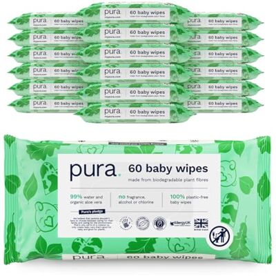 Pura Lingettes écologiques pour bébé – 18 x 60 par paquet (1080 lingettes) 100% sans plastique, 99% d'eau, biodégradables, non parfumées, végétaliennes, paquet mensuel, convient aux peaux sensibles Pura Lingettes écologiques pour bébé – 18 x 60 par paquet (1080 lingettes) 100% sans plastique, 99% d'eau, biodégradables, non parfumées, végétaliennes, paquet mensuel, convient aux peaux sensibles