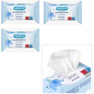 Babylove Lot de 3 paquets de 80 gants de toilette humides (avec extrait d'aloe vera et de camomille) Babylove Lot de 3 paquets de 80 gants de toilette humides (avec extrait d'aloe vera et de camomille)