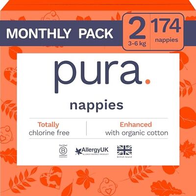 Pura Couches écologiques pour bébé – Taille 2 (3–6 kg), 6 x 29 couches (174 au total), paquet mensuel, couches ultra douces pour peaux sensibles, coton bio, indicateur d'humidité, découpe pour cordon Pura Couches écologiques pour bébé – Taille 2 (3–6 kg), 6 x 29 couches (174 au total), paquet mensuel, couches ultra douces pour peaux sensibles, coton bio, indicateur d'humidité, découpe pour cordon