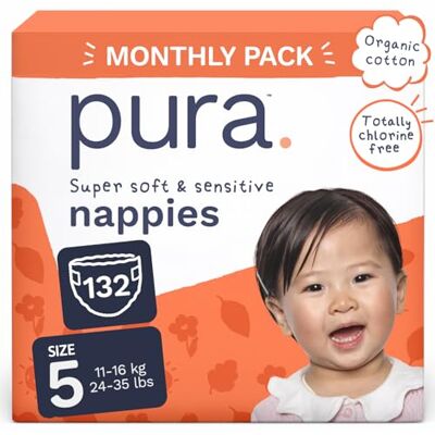 Pura Couches Écologiques Taille 5 (11-16kg) Pack Mensuel de 132 Ultra Douces pour Peau Sensible Coton Bio, 12 Heures de Protection Pura Couches Écologiques Taille 5 (11-16kg) Pack Mensuel de 132 Ultra Douces pour Peau Sensible Coton Bio, 12 Heures de Protection