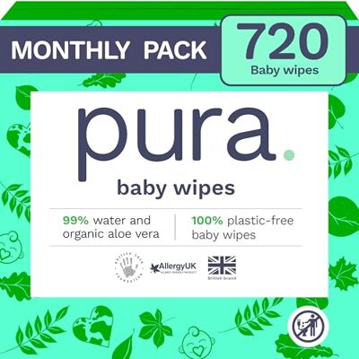 Pura Lot de 12 x 60 lingettes écologiques pour bébé (720 lingettes humides) 100% sans plastique, 99% d'eau, biodégradables, compostables, végétaliennes, adaptées aux peaux sensibles et sujettes à Pura Lot de 12 x 60 lingettes écologiques pour bébé (720 lingettes humides) 100% sans plastique, 99% d'eau, biodégradables, compostables, végétaliennes, adaptées aux peaux sensibles et sujettes à