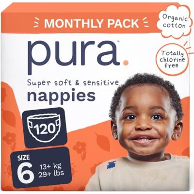 Pura Couches pour bébé Taille 6 (13 kg +), 6 x 20 couches (120 au total), pack mensuel, couches ultra douces pour peaux sensibles, coton biologique, protection contre les fuites jusqu'à Pura Couches pour bébé Taille 6 (13 kg +), 6 x 20 couches (120 au total), pack mensuel, couches ultra douces pour peaux sensibles, coton biologique, protection contre les fuites jusqu'à