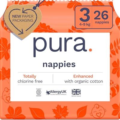Pura Lot de 26 couches écologiques pour bébé, taille 3 (4-9 kg), couches ultra douces pour peaux sensibles, coton biologique, protection contre les fuites jusqu'à 12 heures, accrédité par EU EcoLabel Pura Lot de 26 couches écologiques pour bébé, taille 3 (4-9 kg), couches ultra douces pour peaux sensibles, coton biologique, protection contre les fuites jusqu'à 12 heures, accrédité par EU EcoLabel