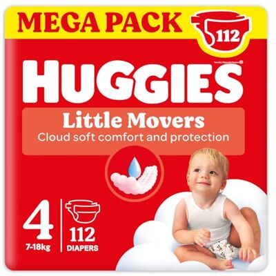 HUGGIES Little Movers Lot de 112 couches ultra absorbantes Taille 4 (7-18 kg) Motif Disney HUGGIES Little Movers Lot de 112 couches ultra absorbantes Taille 4 (7-18 kg) Motif Disney