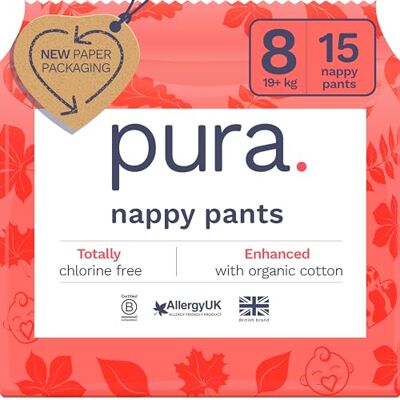 Pura Eco Nappy Pants Taille 8 (19 kg +), 15 Nappies, Pull Up Disposable Baby Nappies for Sensitive & Allergy Prone Skin, Hypoallergenic, Fragrance Free, Easy-Tear Side Pura Eco Nappy Pants Taille 8 (19 kg +), 15 Nappies, Pull Up Disposable Baby Nappies for Sensitive & Allergy Prone Skin, Hypoallergenic, Fragrance Free, Easy-Tear Side