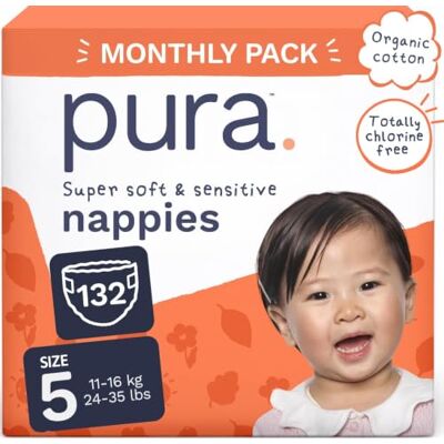 Pura Couches Taille 5 (11-16kg) Pack Mensuel de 132 Ultra Douces pour Peau Sensible Coton Bio, 12 Heures de Protection Pura Couches Taille 5 (11-16kg) Pack Mensuel de 132 Ultra Douces pour Peau Sensible Coton Bio, 12 Heures de Protection