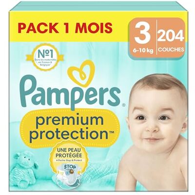 Pampers Premium Protection Taille 3, 204 Couches, 6kg-10kg, Double Protection pour la peau et contre les fuites, Pack 1 Mois Pampers Premium Protection Taille 3, 204 Couches, 6kg-10kg, Double Protection pour la peau et contre les fuites, Pack 1 Mois