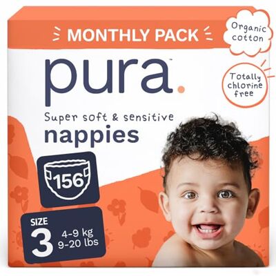 Pura Couches Écologiques, Taille 3 (4-9kg), Pack Mensuel de 156 Couches, Ultra Douces pour Peau Sensible, Coton Bio, 12 Heures de Protection Contre les Fuites Pura Couches Écologiques, Taille 3 (4-9kg), Pack Mensuel de 156 Couches, Ultra Douces pour Peau Sensible, Coton Bio, 12 Heures de Protection Contre les Fuites