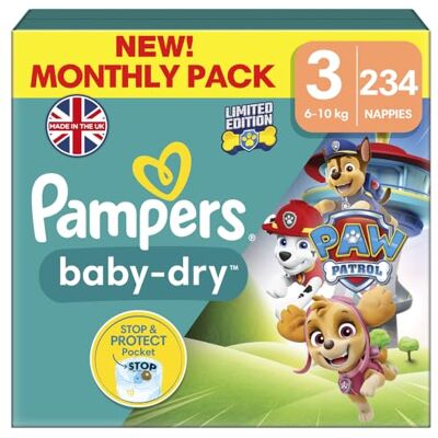 Pampers Baby-Dry, Taille 3, 234 Couches, 6-10kg, A La Rescousse Contre Les Fuites Grâce A Une Protection Intégrale Jusqu'à 12h, Edition Limitée avec La Pat’Patrouille, Pack 1 Mois Pampers Baby-Dry, Taille 3, 234 Couches, 6-10kg, A La Rescousse Contre Les Fuites Grâce A Une Protection Intégrale Jusqu'à 12h, Edition Limitée avec La Pat’Patrouille, Pack 1 Mois