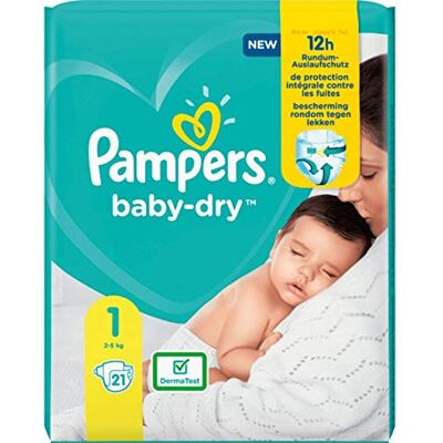 Pampers Baby Dry Taille 1, 21 couches, jusqu'à 12 heures de protection contre les fuites, 2 kg à 5 kg. Pampers Baby Dry Taille 1, 21 couches, jusqu'à 12 heures de protection contre les fuites, 2 kg à 5 kg.