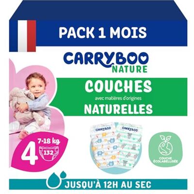 CARRYBOO Couches Taille 4 (7-18kg) Peaux sensibles Naturelles et Ultra absorbantes 12h Anti-fuites Sans ingrédients indésirables Fabriquées en France 132 Couches Pack 1 Mois CARRYBOO Couches Taille 4 (7-18kg) Peaux sensibles Naturelles et Ultra absorbantes 12h Anti-fuites Sans ingrédients indésirables Fabriquées en France 132 Couches Pack 1 Mois