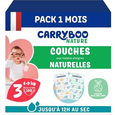 CARRYBOO Couches Taille 3 (4-9kg) Peaux sensibles Naturelles et Ultra absorbantes 12h Anti-fuites Sans ingrédients indésirables Fabriquées en France 150 Couches Jetables Pack 1 Mois CARRYBOO Couches Taille 3 (4-9kg) Peaux sensibles Naturelles et Ultra absorbantes 12h Anti-fuites Sans ingrédients indésirables Fabriquées en France 150 Couches Jetables Pack 1 Mois