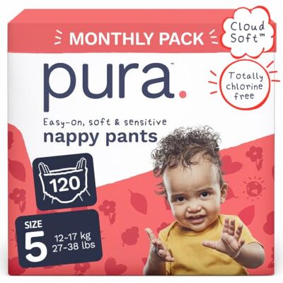 Pura Culottes Eco taille 5 (12-17 kg), 120 au total en 6 paquets, jetables pour peaux sensibles et inclinées aux allergies, hypoallergéniques Pura Culottes Eco taille 5 (12-17 kg), 120 au total en 6 paquets, jetables pour peaux sensibles et inclinées aux allergies, hypoallergéniques