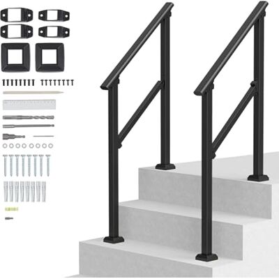 VEVOR Mains courantes pour marches extérieures 2 pièces, kit de main courante pour escaliers à 2-3 marches, garde-corps en acier au carbone de transition avec kit d'installation, pour personnes âgées, VEVOR Mains courantes pour marches extérieures 2 pièces, kit de main courante pour escaliers à 2-3 marches, garde-corps en acier au carbone de transition avec kit d'installation, pour personnes âgées,