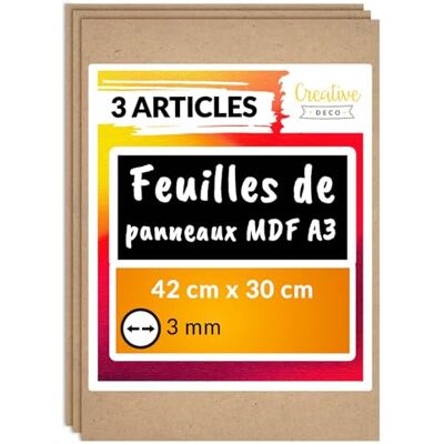 Creative 3 x A3 MDF 420 x 300 x 3 mm Feuille Planche Panneau Bois Brut Idéal pour Bricolage, Découpe au Laser, CNC Routeur, Modelage, Pièce Chantournée, Scie à Chantourner Creative 3 x A3 MDF 420 x 300 x 3 mm Feuille Planche Panneau Bois Brut Idéal pour Bricolage, Découpe au Laser, CNC Routeur, Modelage, Pièce Chantournée, Scie à Chantourner