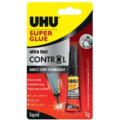 UHU Super contrôle de la colle, liquide extra rapide et fort, application propre et précise, tube de mécanisme anti-déversement, 3G, transparent UHU Super contrôle de la colle, liquide extra rapide et fort, application propre et précise, tube de mécanisme anti-déversement, 3G, transparent