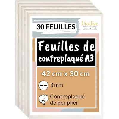 Creative 30 x A3 Contreplaqué 3mm 420 x 300 x 3mm (+/- 2mm) Planche Bois Brut Peuplier Panneau Feuille Découpe Laser Bois pour Pyrogravure, Gravure, Cricut, Maquette Creative 30 x A3 Contreplaqué 3mm 420 x 300 x 3mm (+/- 2mm) Planche Bois Brut Peuplier Panneau Feuille Découpe Laser Bois pour Pyrogravure, Gravure, Cricut, Maquette
