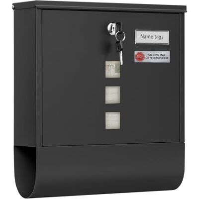 WOLTU Boîte aux lettres murale verrouillable avec compartiment pour journaux, fenêtre de visualisation, plaque nominative personnalisée, avec 2 clés, moderne, noire, 33,5 x 30 x 9,5 cm WOLTU Boîte aux lettres murale verrouillable avec compartiment pour journaux, fenêtre de visualisation, plaque nominative personnalisée, avec 2 clés, moderne, noire, 33,5 x 30 x 9,5 cm