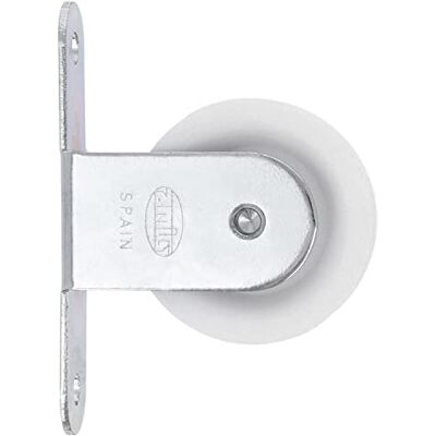 Amig – Poulie – Poulie pour étendoir à linge – Avec rouleau plastique, support de fixation – Ø 39 mm – Acier zingué – Finition argentée Amig – Poulie – Poulie pour étendoir à linge – Avec rouleau plastique, support de fixation – Ø 39 mm – Acier zingué – Finition argentée